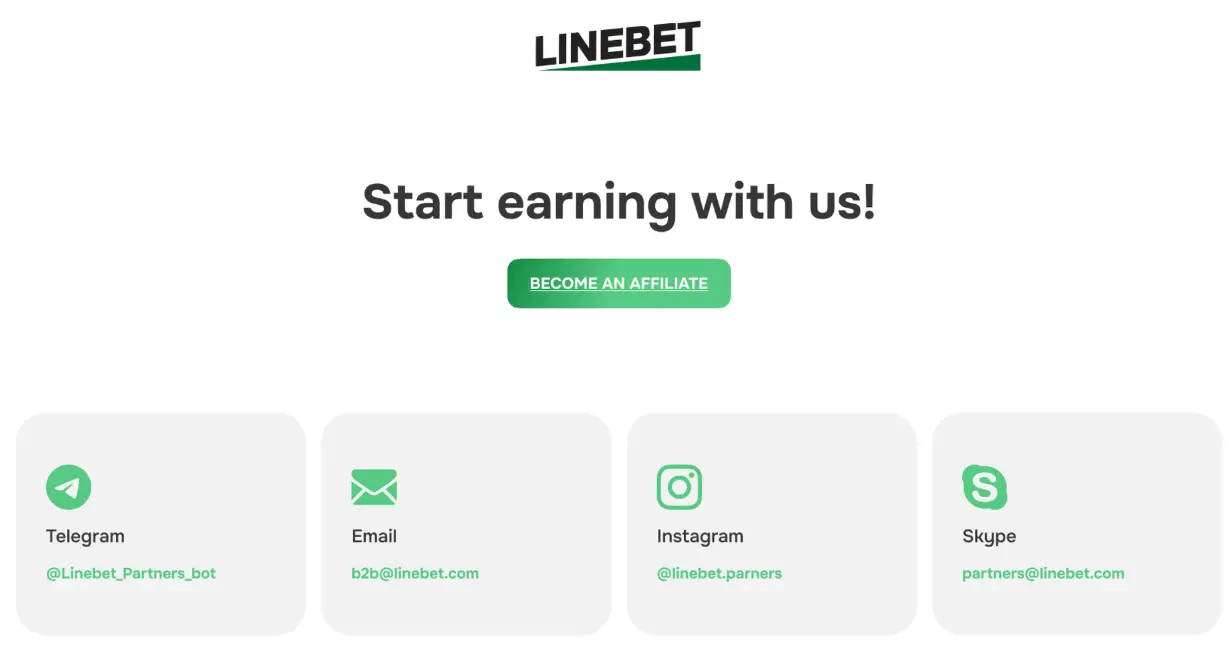 Linebet affiliate program contact options with Telegram, Email, Instagram, and Skype information for partners.